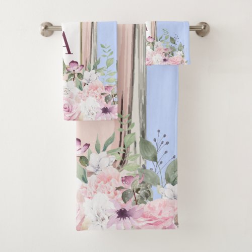 Floral Blue Pink Perfume Bottle Pretty   Bath Towel Set