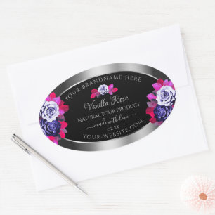 Floral Blue Pink Roses Product Labels Black Silver