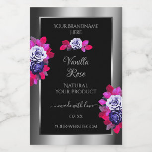 Floral Blue Pink Roses Product Labels Black Silver
