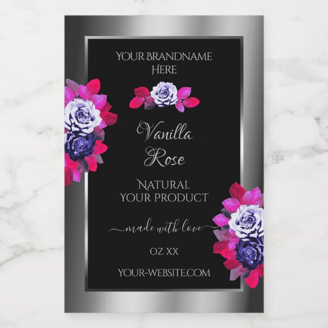 Floral Blue Pink Roses Product Labels Black Silver (Single Label)