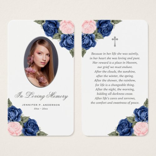 Floral Blue Pink Silver Floral Funeral Prayer Card