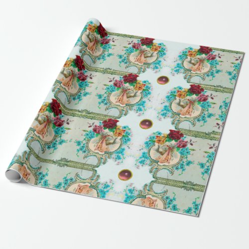 FLORAL BLUE PINK STORK GIRL BABY SHOWER AND ROSES WRAPPING PAPER