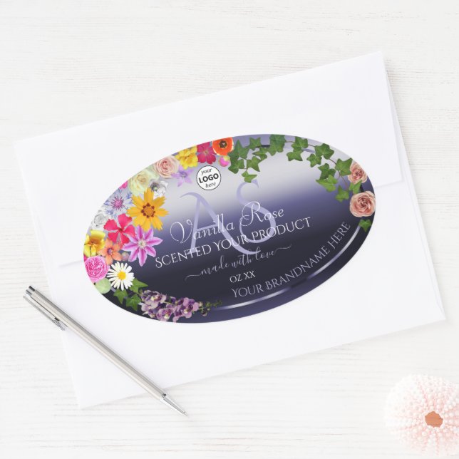 Floral Blue Product Packaging Labels Monogram Logo (Envelope)