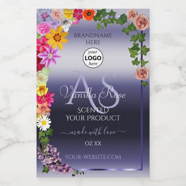 Floral Blue Product Packaging Labels Monogram Logo (Single Label)