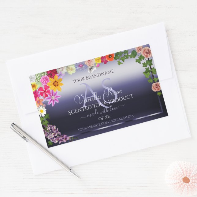 Floral Blue Product Packaging Labels with Monogram (Envelope)