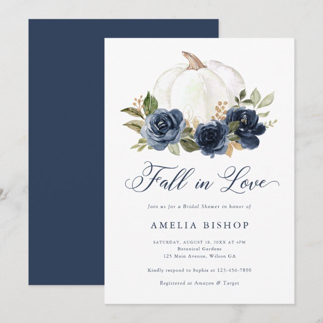 Floral Blue Pumpkin Fall in Love Bridal Shower Invitation (Front/Back)