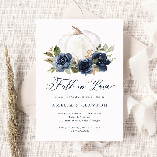 Floral Blue Pumpkin Fall in Love Couple Shower Invitation