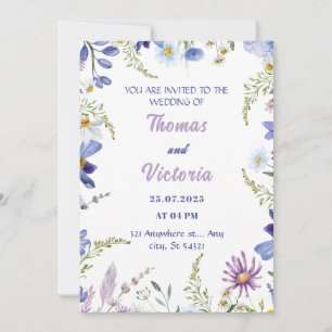 Floral Blue, purple, Green Modern Wedding Invitation