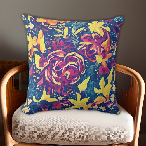 Floral Blue Purple Yellow Pattern Throw Pillow