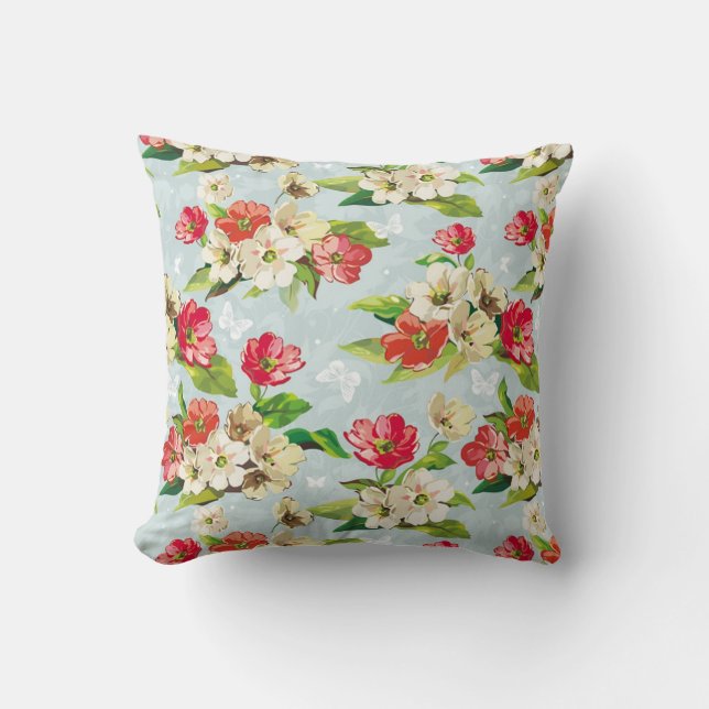 Floral Blue Redd White Throw Pillow (Front)