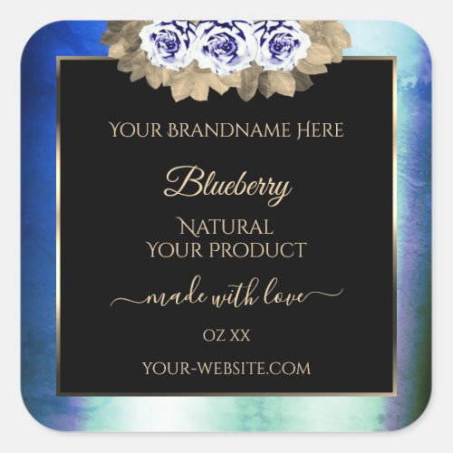 Floral Blue Roses Black Product Label Marble Frame