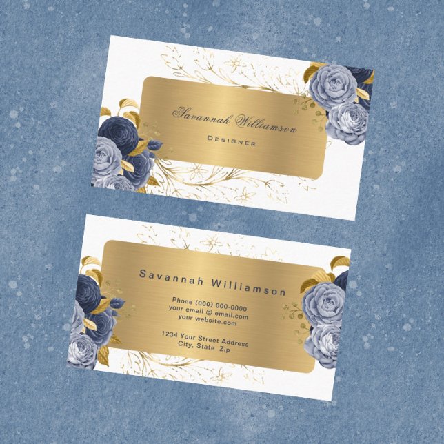 Floral Blue Roses Gold Customizable Business Card (Creator Uploaded)