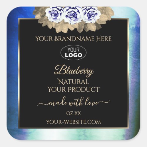 Floral Blue Roses Marble Product Labels Logo Black