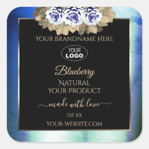 Floral Blue Roses Marble Product Labels Logo Black