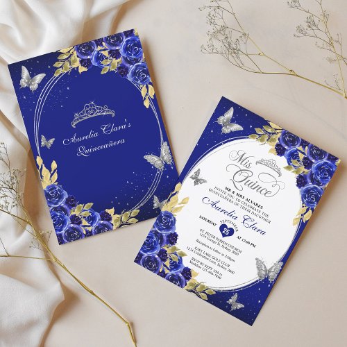 Floral Blue Silver Tiara Butterfly Mis Quinceaera Invitation