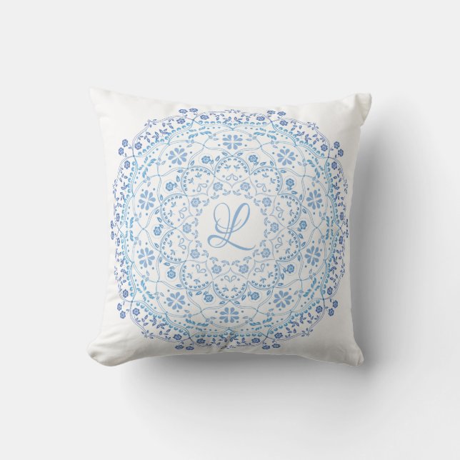 Floral Blue Simple Mandala Circle Minimalist Throw Pillow (Front)
