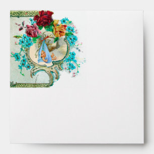 FLORAL BLUE STORK BABY SHOWER PINK ROSES FLOWERS ENVELOPE