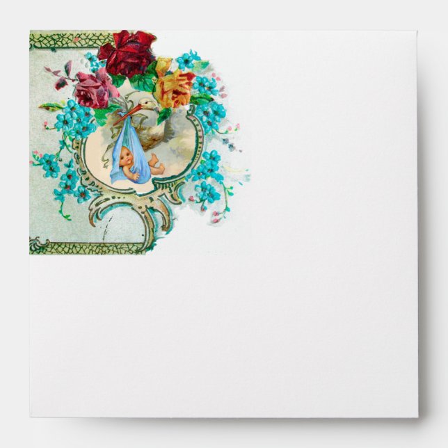 FLORAL BLUE STORK BABY SHOWER PINK ROSES FLOWERS ENVELOPE (Front)