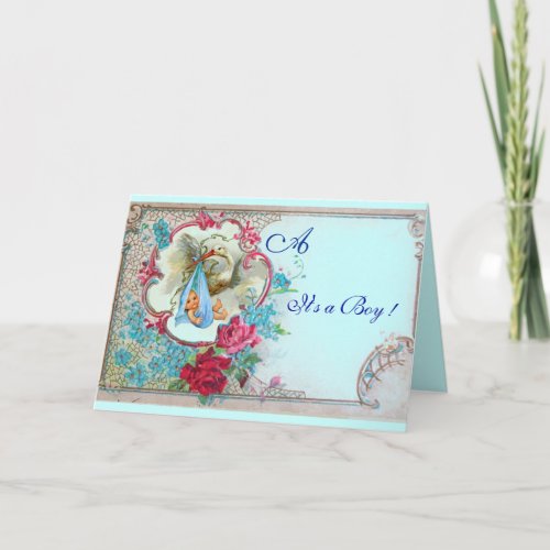 FLORAL BLUE STORK BOY BABY SHOWERPINK ROSES ANNOUNCEMENT