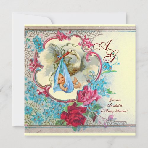 FLORAL BLUE STORK BOY BABY SHOWER PINK ROSES White Invitation