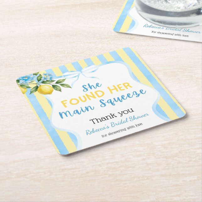 Floral Blue Stripe Main Squeeze Bridal Shower Square Paper Coaster (Angled)