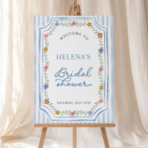Floral Blue Stripes Bridal Shower Welcome Sign