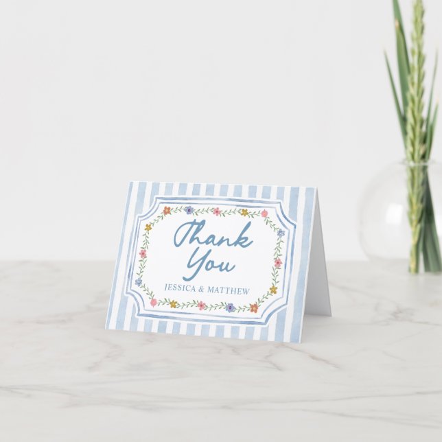 Floral Blue Stripes Wedding Thank You Cards (Front)