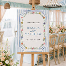 Floral Blue Stripes Wedding Welcome Sign
