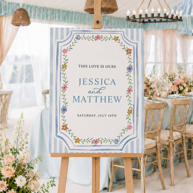 Floral Blue Stripes Wedding Welcome Sign (Creator Uploaded)