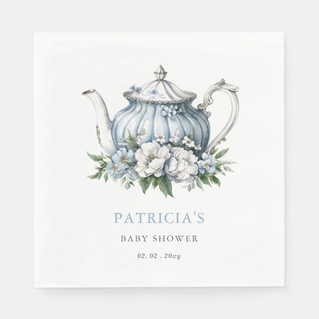 Floral Blue Tea Party Boy Baby Shower  Napkins (Front)