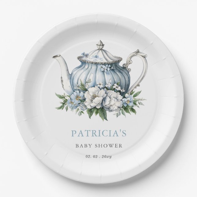 Floral Blue Tea Party Boy Baby Shower  Paper Plates (Front)