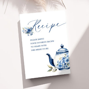 Floral Blue Tea Party Bridal Shower Recipe Enclosure Card