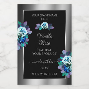 Floral Blue Teal Roses Product Labels Black Silver