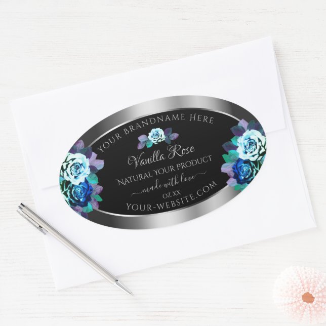Floral Blue Teal Roses Product Labels Black Silver (Envelope)