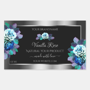 Floral Blue Teal Roses Product Labels Black Silver