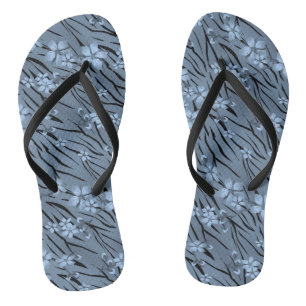 Floral, blue, tiger pattern flip flops