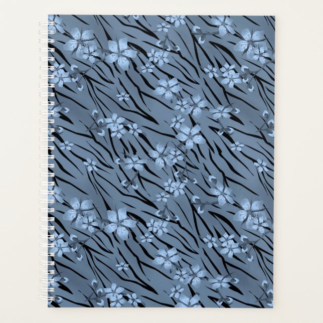Floral, blue, tiger pattern planner (Front)