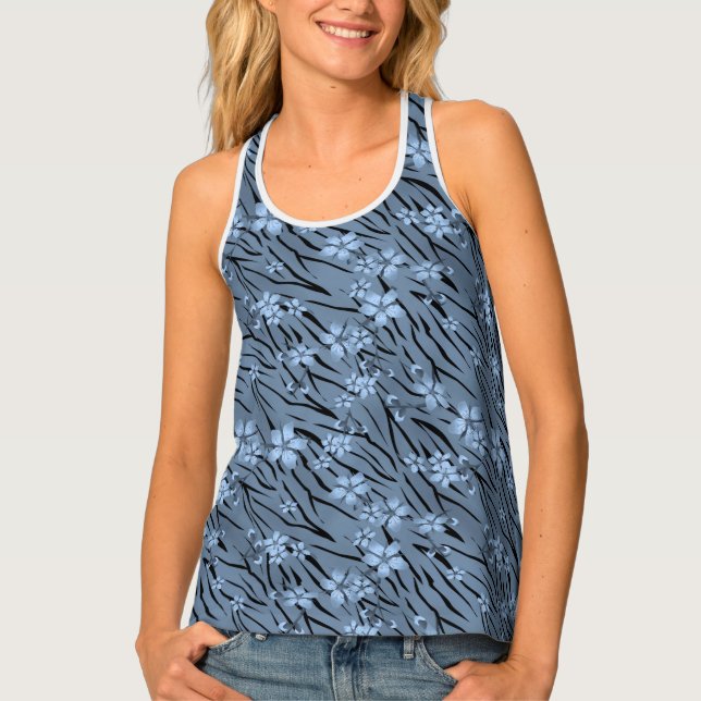 Floral, blue, tiger pattern tank top (Front)