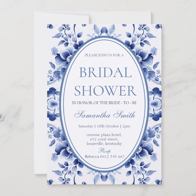 Floral Blue Toile De Jouy Bridal Shower Invitation (Front)