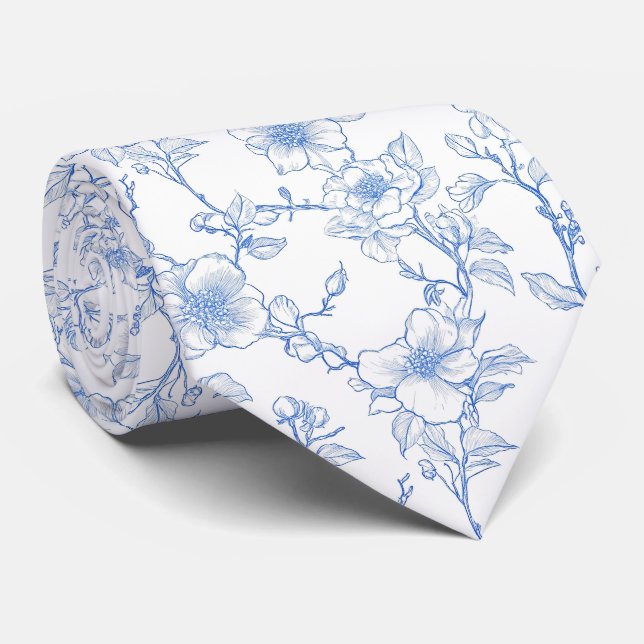 Floral blue toile neck tie (Rolled)