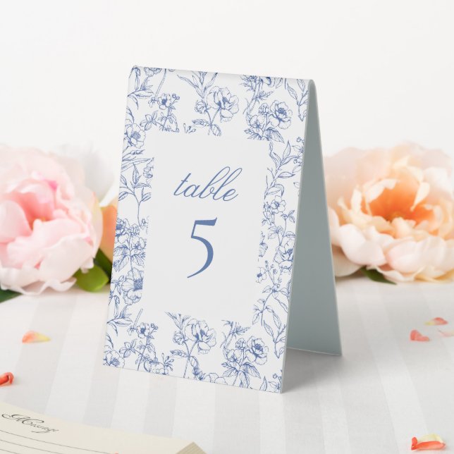 Floral Blue Toile Wedding Table Tent (In SItu (Wedding))