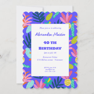 Floral blue tropical pretty pineapples 40th invitation