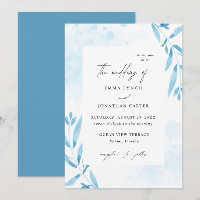 Floral Blue Watercolor Chic Wedding Invitation (Front/Back)