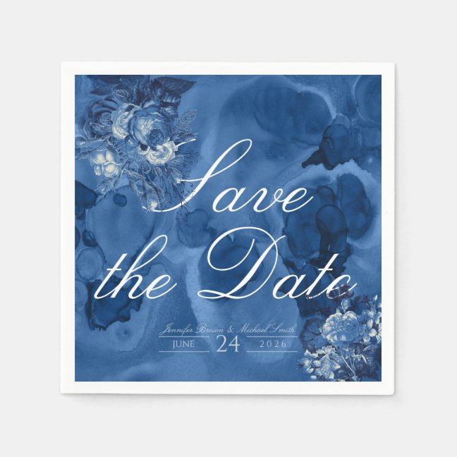 Floral Blue Watercolor Navy Roses Wedding Floral Napkins