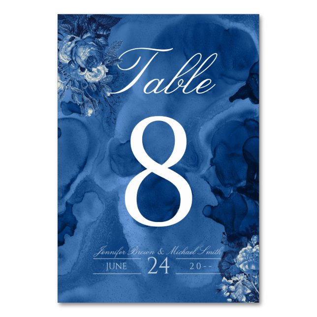 Floral Blue Watercolor Ombre Navy Roses Table Number (Front)