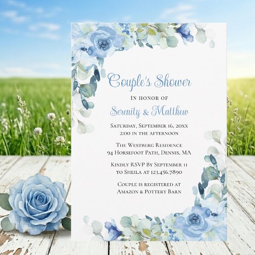 Floral Blue Watercolor Roses Couples Bridal Shower Invitation