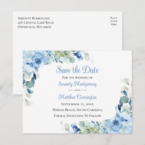Floral Blue Watercolor Roses Save the Date Wedding Announcement Postcard