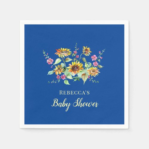 Floral Blue Watercolor Sunflowers Baby Shower Napkins