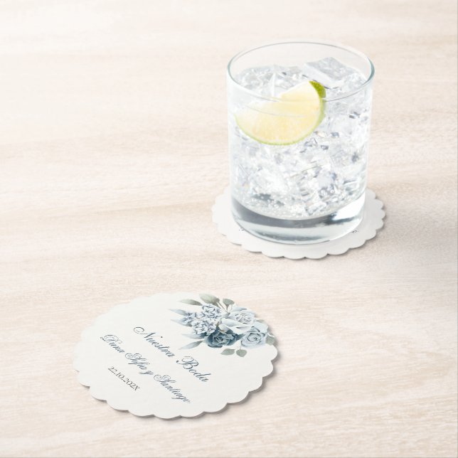 Floral Blue Wedding Paper Coaster (Insitu)