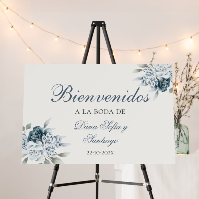Floral Blue Wedding Spanish Welcome sign (In Situ (Stand))
